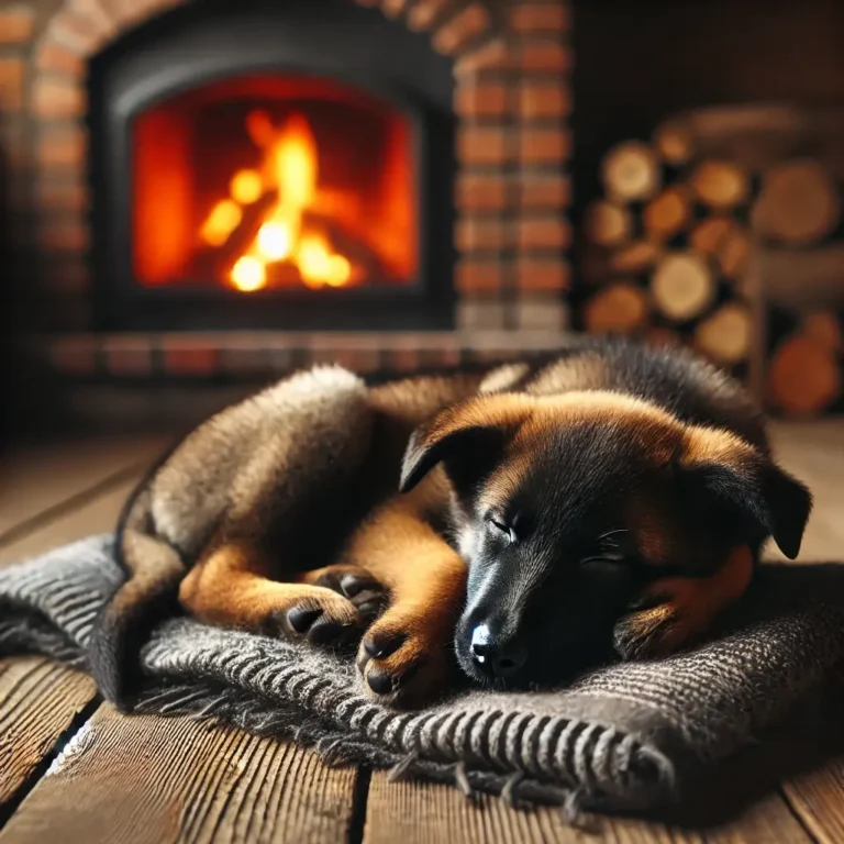 A Belgian Malinois German Shepherd mix puppy resting on a cozy blanket in a rustic cabin