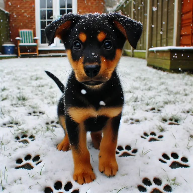A German Shepherd Doberman mix puppy exploring a snowy backyard for the first time
