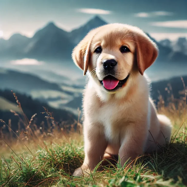 A Labrador Mountain puppy sitting on a grassy hilltop with a stunning mountain view in the background. The puppy has a thick fluffy coat