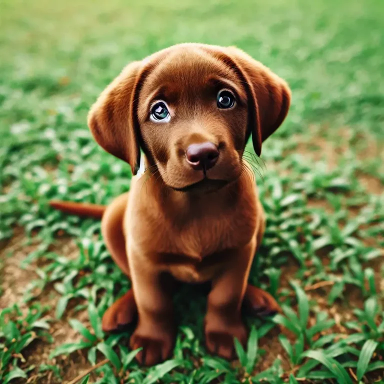 A cute Brown Labrador Retriever puppy sitting on a grassy field, looking up with big brown eyes, floppy ears