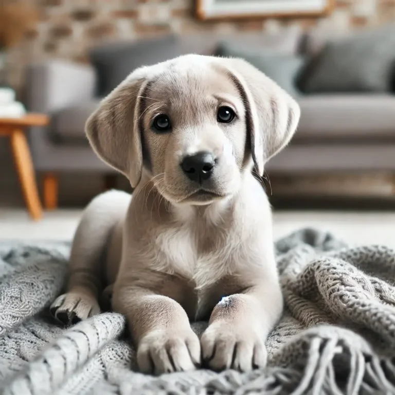 A cute Silver Labrador Retriever puppy sitting on a cozy blanket indoors, with soft silver-gray fur and big, curious eyes.