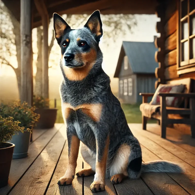 A highly realistic image of a Blue Heeler German Shepherd mix dog sitting on a wooden porch, gazing into the distance.
