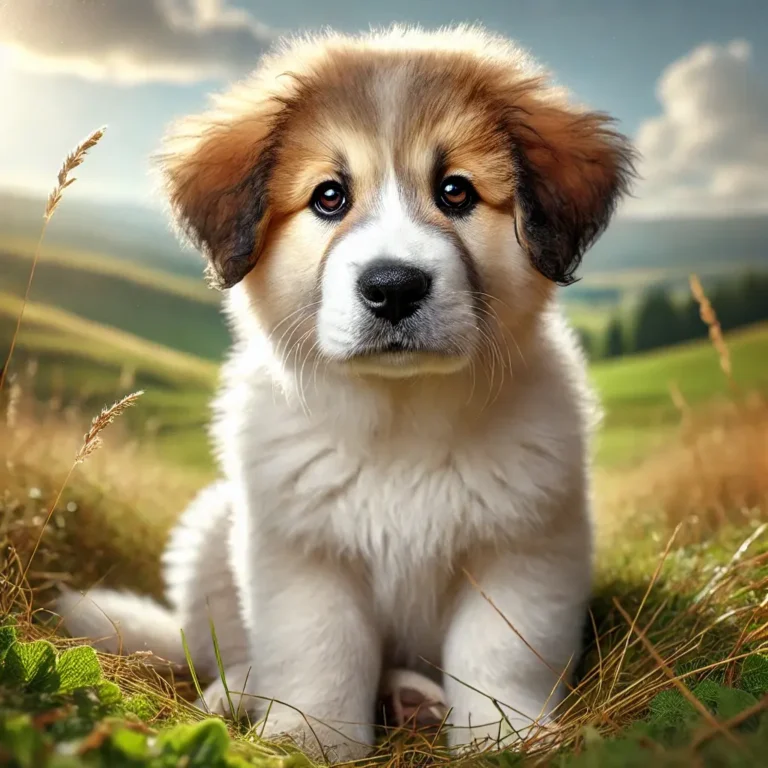 A highly realistic image of a Great Pyrenees German Shepherd mix puppy sitting in a meadow.