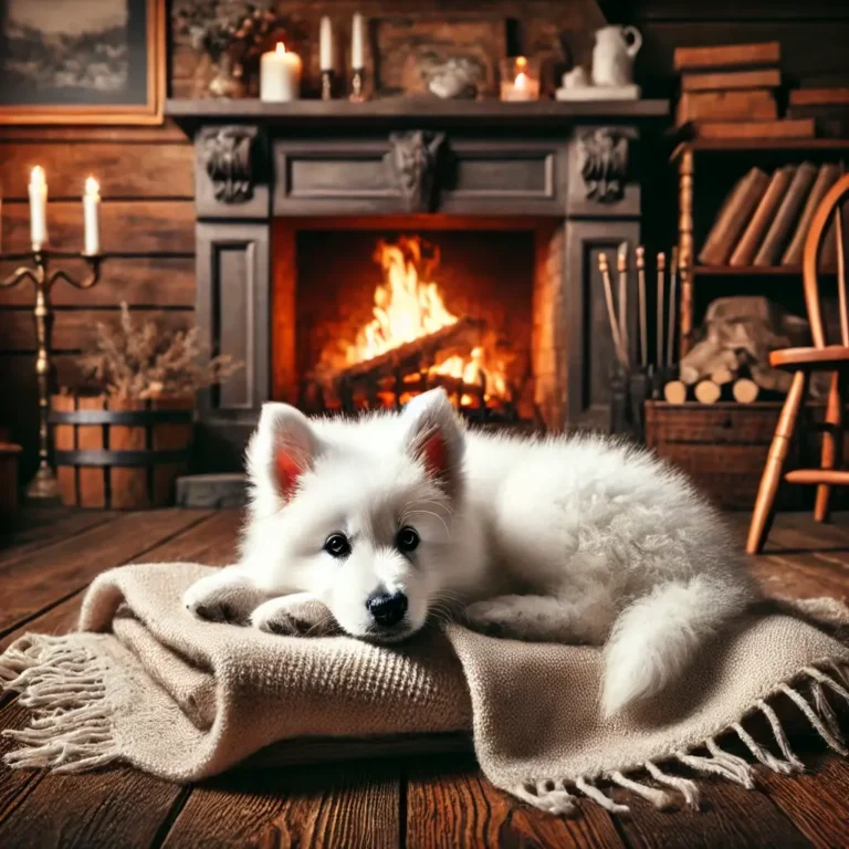 A highly realistic image of a White German Shepherd puppy resting on a soft blanket by a fireplace.