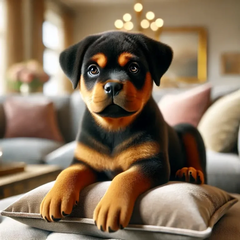 A hyper-realistic image of a Rottweiler Mix Bulldog puppy sitting on a soft couch indoors.