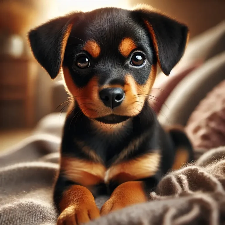 A hyper-realistic image of a Rottweiler Mix Chihuahua puppy sitting on a cozy blanket indoors. The puppy has a sleek black and tan coat