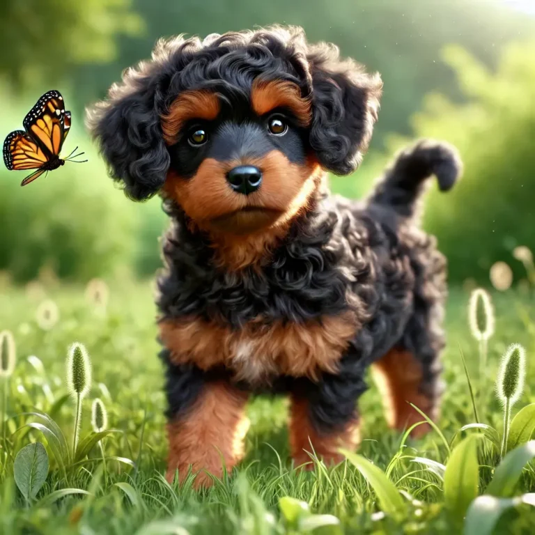 A hyper-realistic image of a Rottweiler Mix Poodle puppy standing in a lush green meadow, its curly black and tan fur glowing in the sunlight.