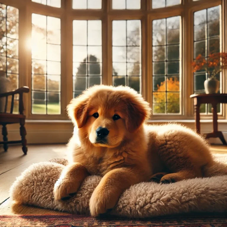 A Golden Retriever Chow Chow mix puppy resting on a fluffy blanket by a large bay window