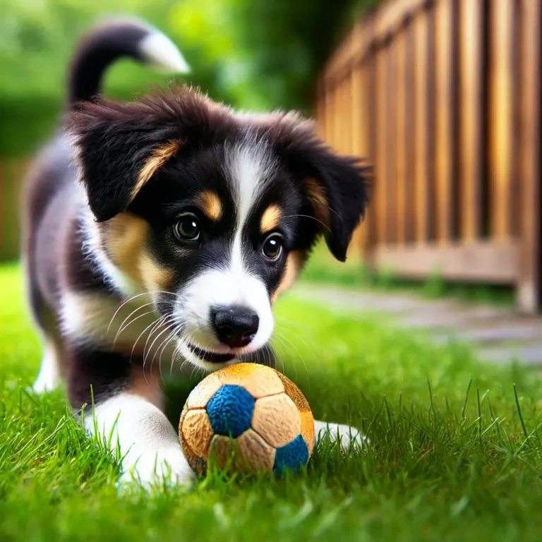 A highly realistic image of a Border Collie German Shepherd mix puppy playing with a ball in a green backyard