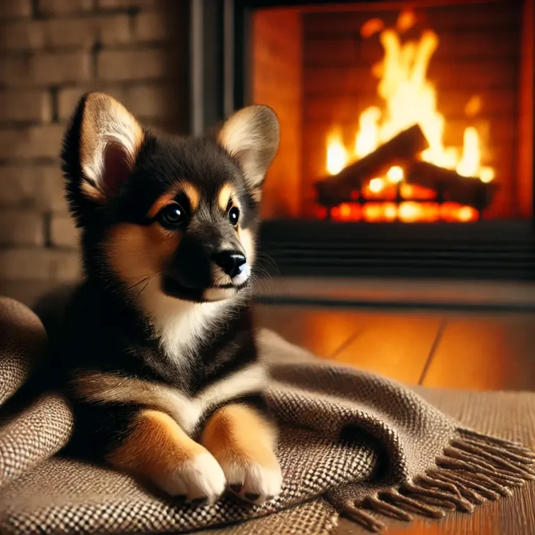 A highly realistic image of a Corgi German Shepherd mix puppy resting on a cozy blanket near a fireplace. The puppy has a fluffy black and tan coat, s (1)