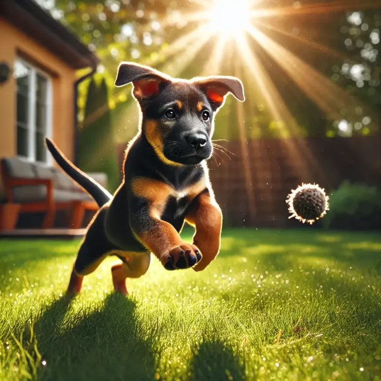 A highly realistic image of a German Shepherd Pitbull mix puppy playing in a sunlit backyard. The puppy has a sleek black and tan coat