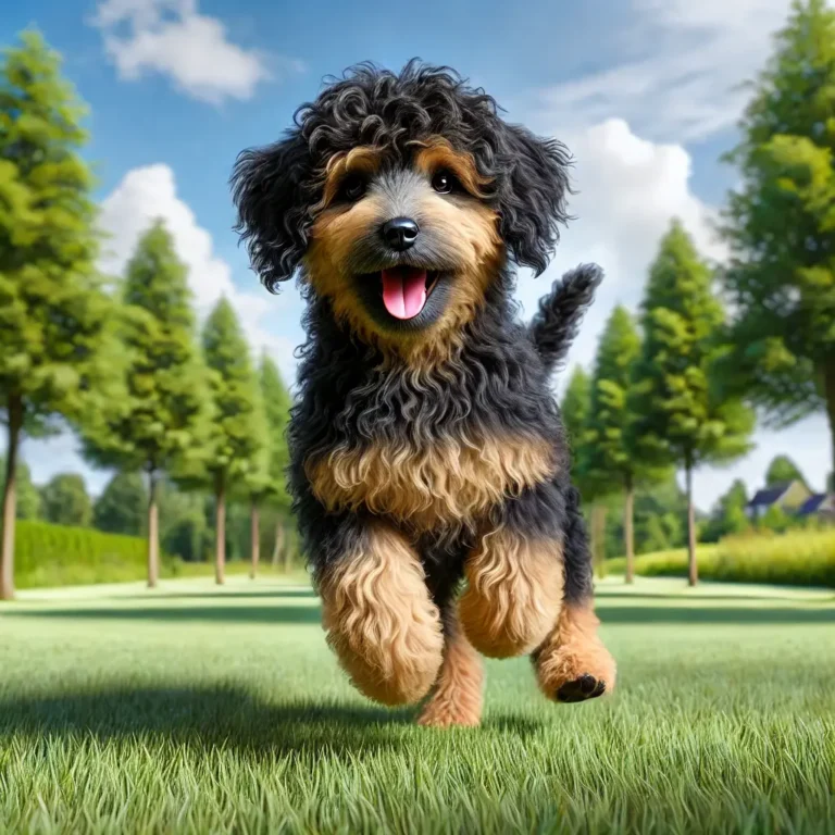 A highly realistic image of a German Shepherd Poodle mix puppy playing in a park. The puppy has curly black and tan fur, floppy ears, and a happy expr (1)