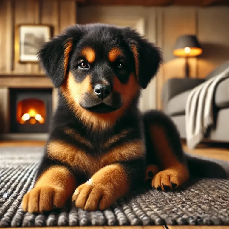 A highly realistic image of a German Shepherd Rottweiler mix puppy resting on a cozy rug indoors. The puppy has a thick black and tan coat, floppy ear (1)