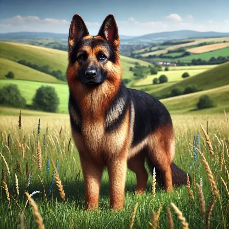 A highly realistic image of a Sable German Shepherd standing in a grassy field. The dog has a rich sable coat with black and tan highlights, perked ea (1)