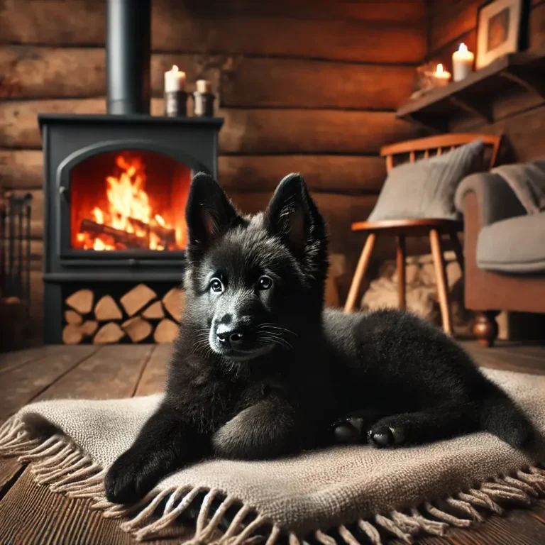 A highly realistic image of a Black German Shepherd puppy lying on a cozy blanket by a fireplace.