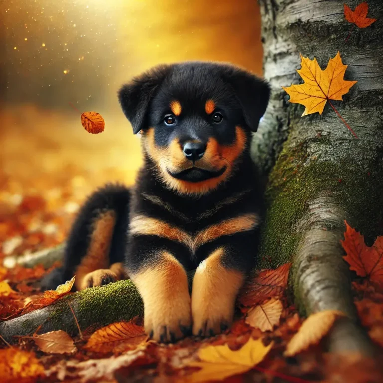 A highly realistic image of a Rottweiler Timberwolf mix puppy resting under a tree with golden autumn leaves falling around