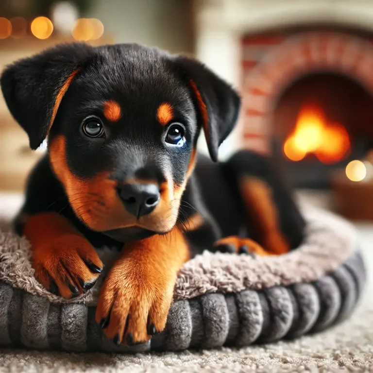 A highly realistic image of a Rottweiler Staffordshire mix puppy resting on a soft bed near a fireplace. The puppy looks cozy and relaxed