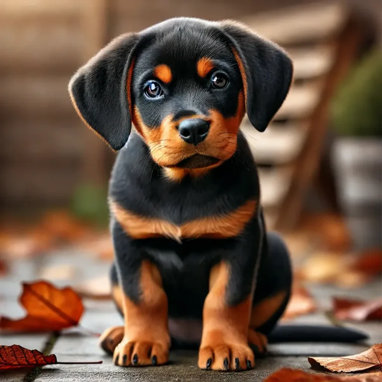 A highly realistic image of a Rottweiler Coonhound mix puppy. The puppy has a sleek black and tan coat, floppy ears, and deep brown eyes.