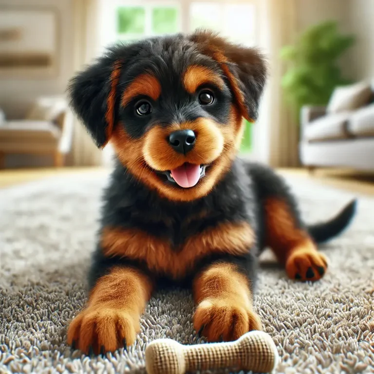 A highly realistic image of a Rottweiler Yorkie mix puppy playing with a chew toy on a soft carpet indoors. The puppy has a fluffy coat with Rottweile