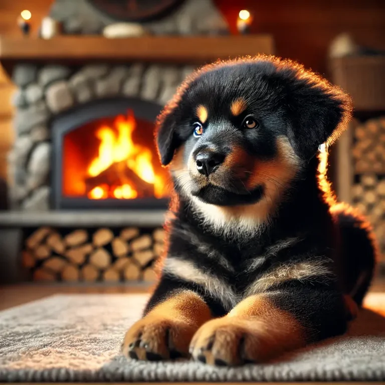 A hyper-realistic image of a Rottweiler Malamute mix puppy resting on a soft rug in front of a fireplace. The warm glow of the fire
