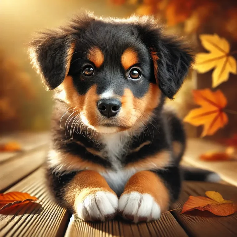 A hyper-realistic image of a Border Collie Rottweiler mix puppy sitting on a wooden deck with autumn leaves around. The puppy has a soft black and tan
