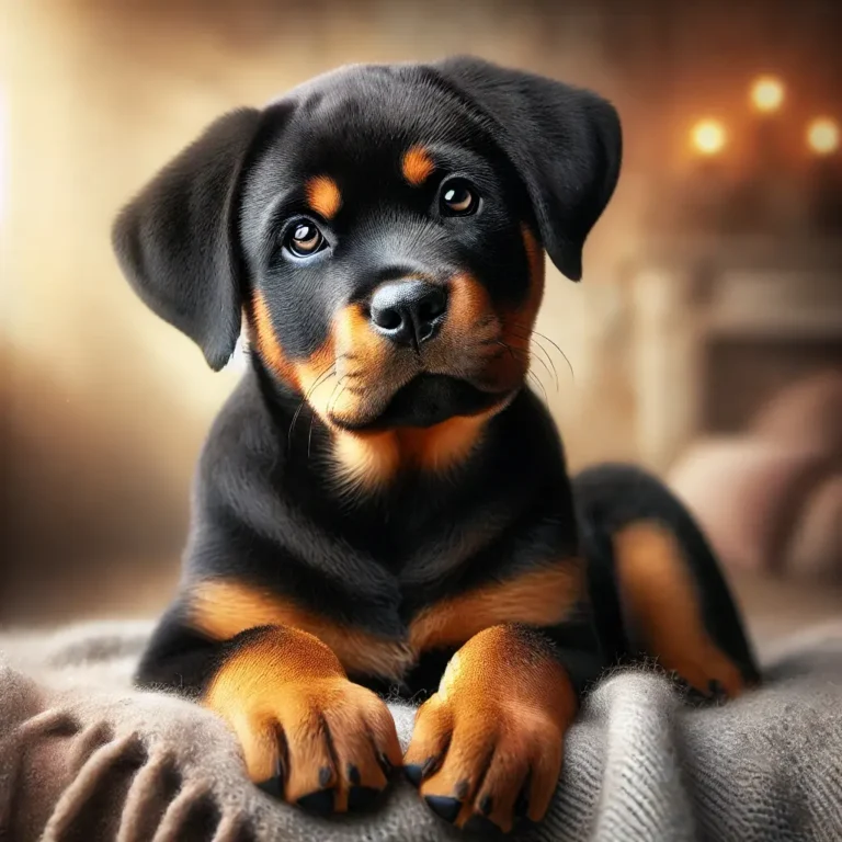 A hyper-realistic image of a Rottweiler Mix Bullmastiff puppy sitting on a cozy blanket indoors. The puppy has a thick, glossy black and tan coat