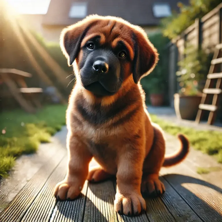 A hyper-realistic image of an English Mastiff Rottweiler mix puppy sitting in a sunlit backyard, its thick coat gleaming under the warm light.