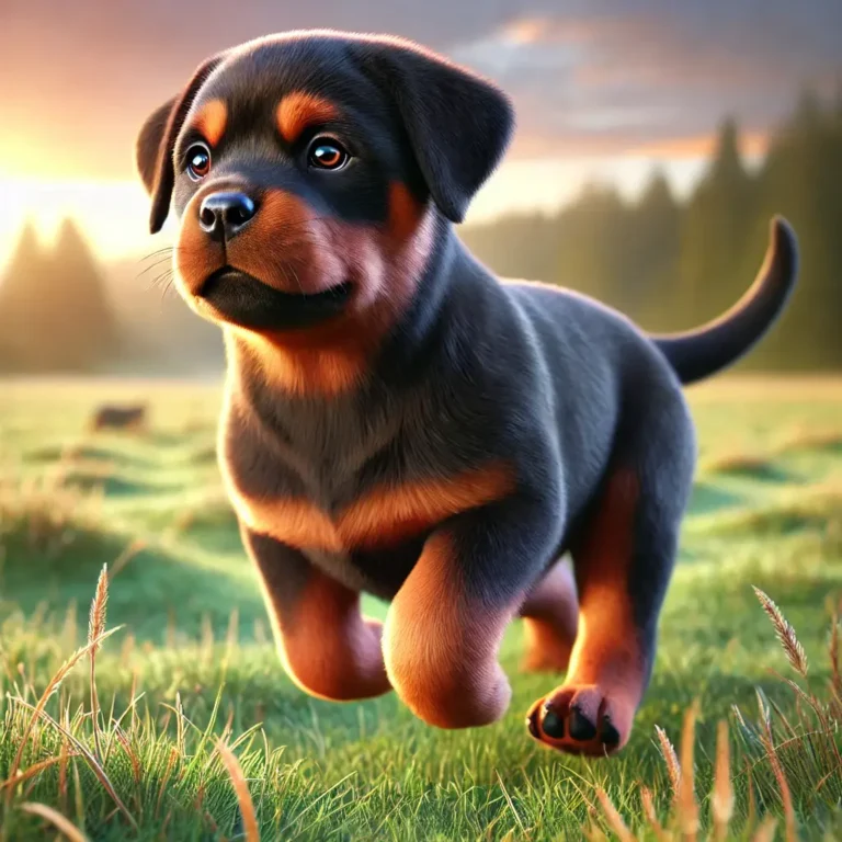 A hyper-realistic image of a Rottweiler Mastiff Mix puppy with a strong, muscular body, deep brown eyes, and a thick black and tan coat.