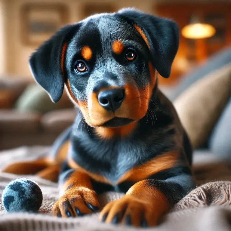 A hyper-realistic image of a Rottweiler Mix Blue Heeler puppy lying on a soft blanket indoors. The puppy has striking black and tan fur with patches