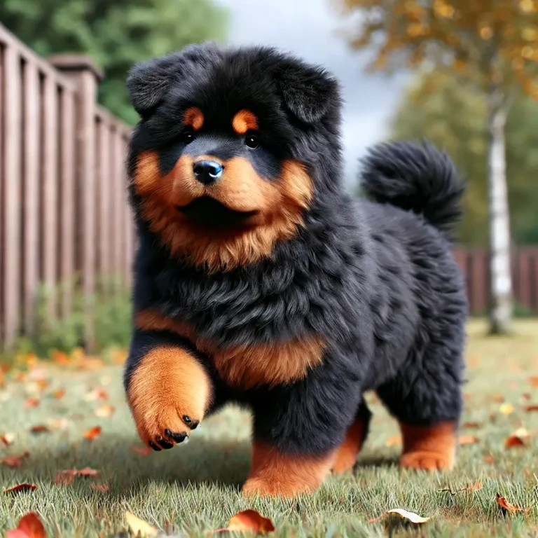 A hyper-realistic image of a Rottweiler Mix Chow Chow puppy with a thick fluffy coat, black and tan coloration, and a distinctive Chow Chow-like