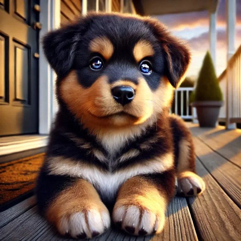 A hyper-realistic image of a Rottweiler mixed with a Husky puppy sitting on a porch in the evening. The puppy has a mix of black, tan