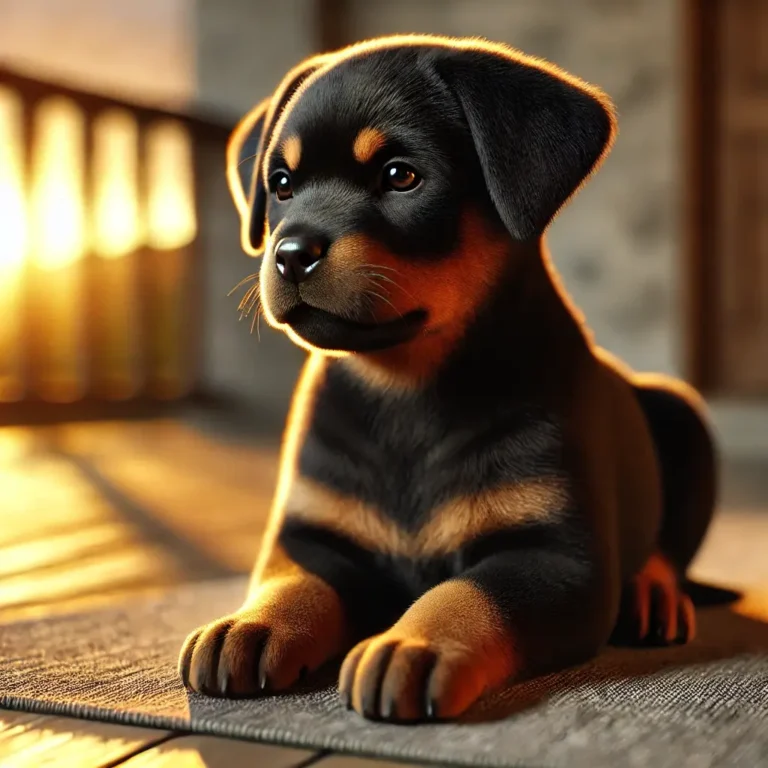 A hyper-realistic image of a Rottweiler Mix Black Lab puppy sitting on a porch during sunset. The puppy has a sleek black coat with a blend of Rott