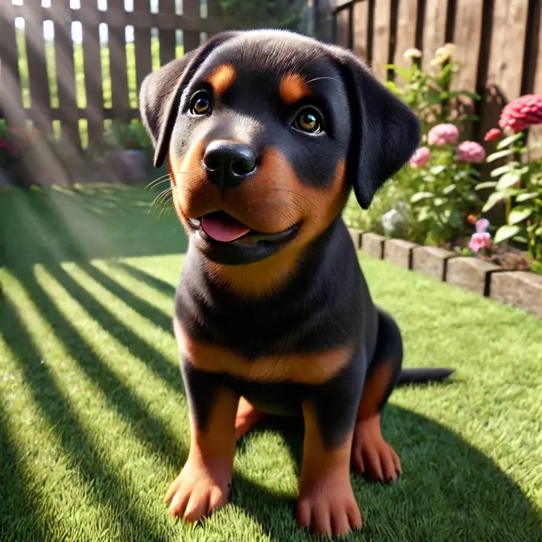 A hyper-realistic image of a Rottweiler Mix with a Lab puppy sitting in a sunlit backyard. The puppy has a sleek black coat with tan markings