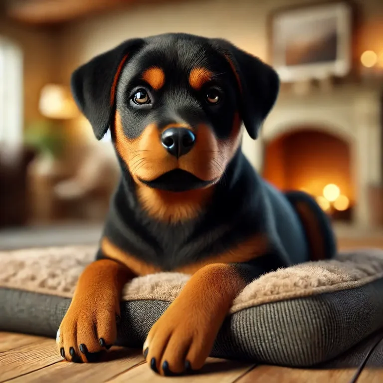 A hyper-realistic image of a Rottweiler Mix with a Lab puppy resting on a cozy dog bed indoors. The puppy has a glossy black and tan coat