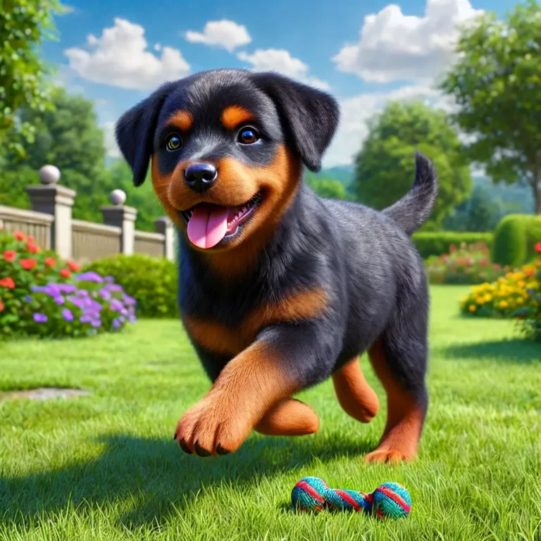 A hyper-realistic image of a Rottweiler Mix puppy playing in a grassy field. The puppy has a shiny black and tan coat, floppy ears