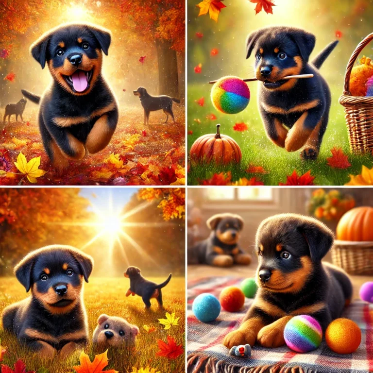 A playful Rottweiler puppy running through colorful autumn leaves in a park, A Rottweiler puppy playing with colorful balls in a grassy field with sun