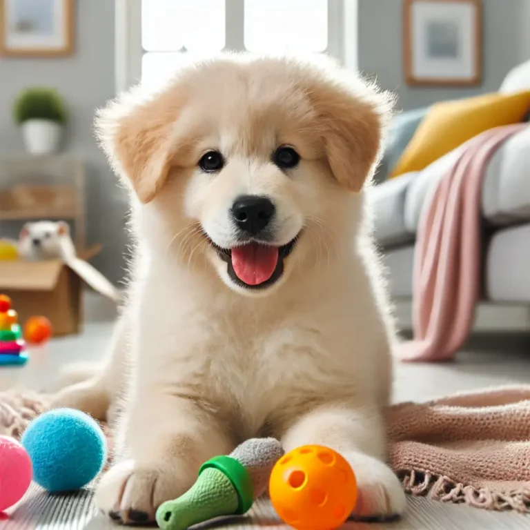 A happy Labrador mix Samoyed puppy playing with colorful balls in a bright living room, surrounded by soft blankets and playful toys.