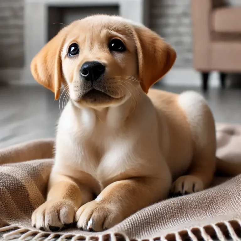 A cute American Yellow Labrador Retriever puppy sitting on a cozy blanket indoors, looking up with bright eyes and a playful expression