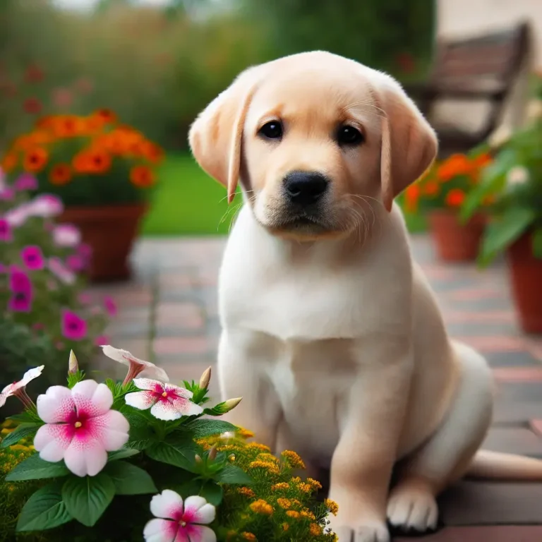 A sweet English Yellow Labrador Retriever puppy sitting in a garden, surrounded by colorful flowers, with a gentle and friendly expression