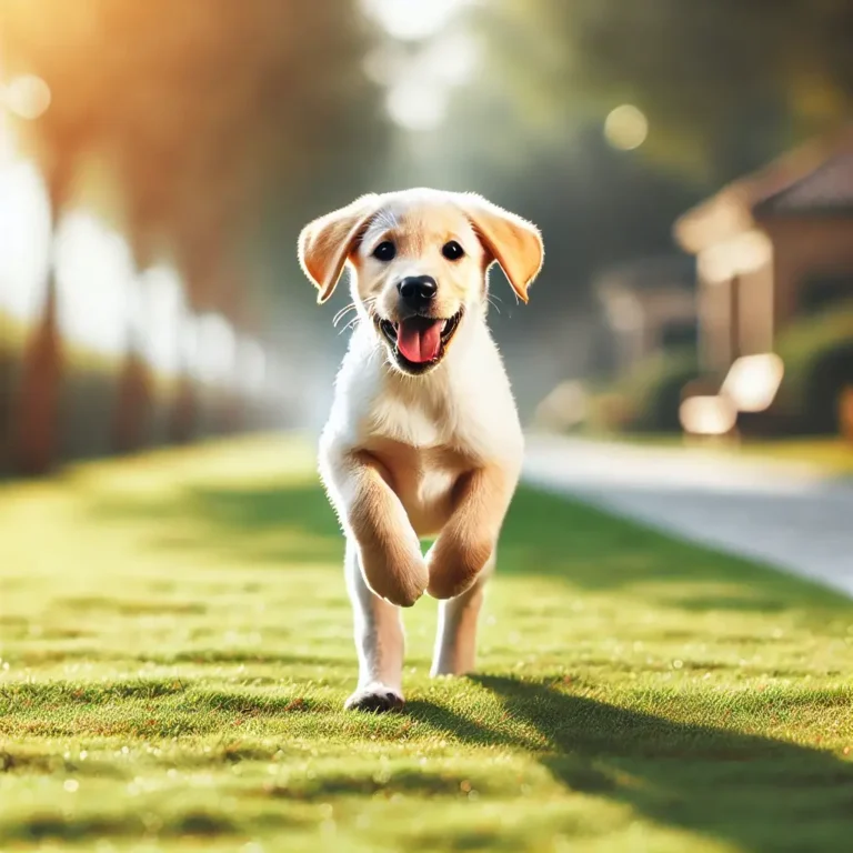 An energetic Yellow Labrador Retriever puppy happily running towards the camera in a bright