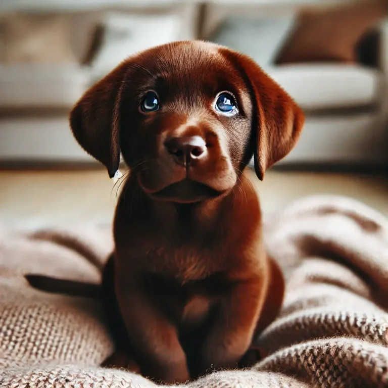 A cute Chocolate Brown Labrador Retriever puppy sitting on a cozy blanket indoors, looking up with big, curious eyes. The puppy has a soft