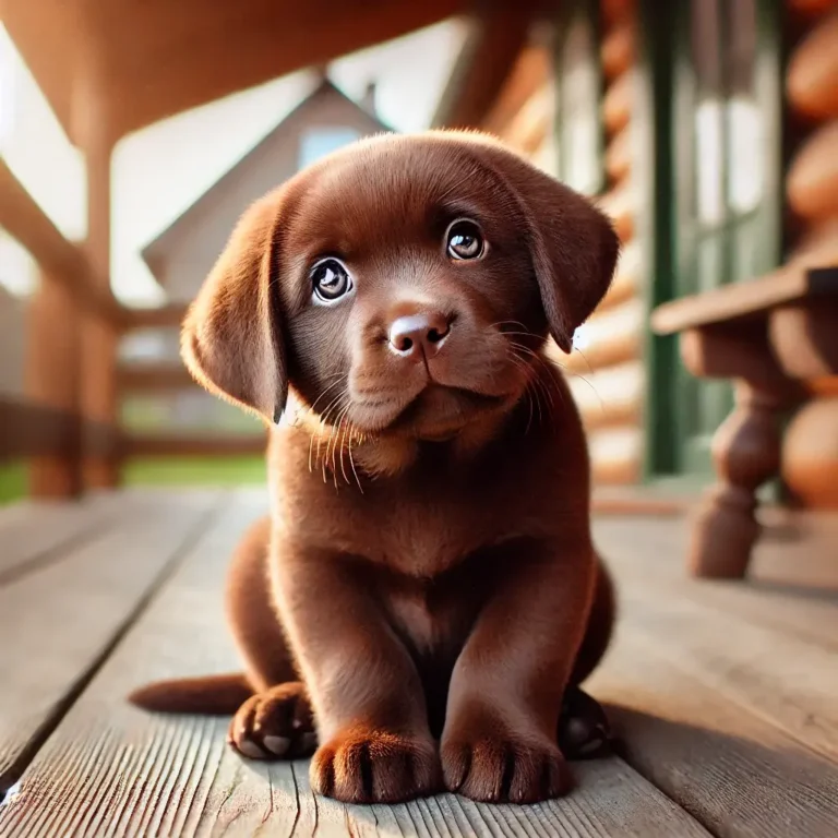 A cute Chocolate Labrador Retriever puppy sitting on a wooden porch, looking up with big, curious eyes. Its soft brown fur glows in the warm sunlight