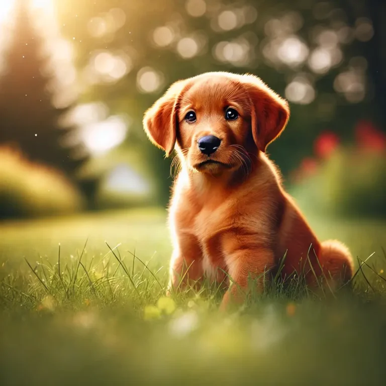 A red fox Labrador puppy sitting in a grassy meadow, looking curious with bright amber eyes. Its coat is a rich reddish-gold, fluffy
