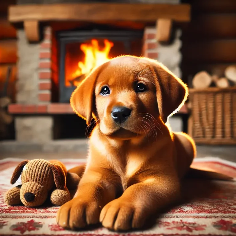 A red Labrador puppy lying on a cozy rug in front of a fireplace. The warm glow of the fire reflects off its reddish-gold fur. The puppy looks relaxed