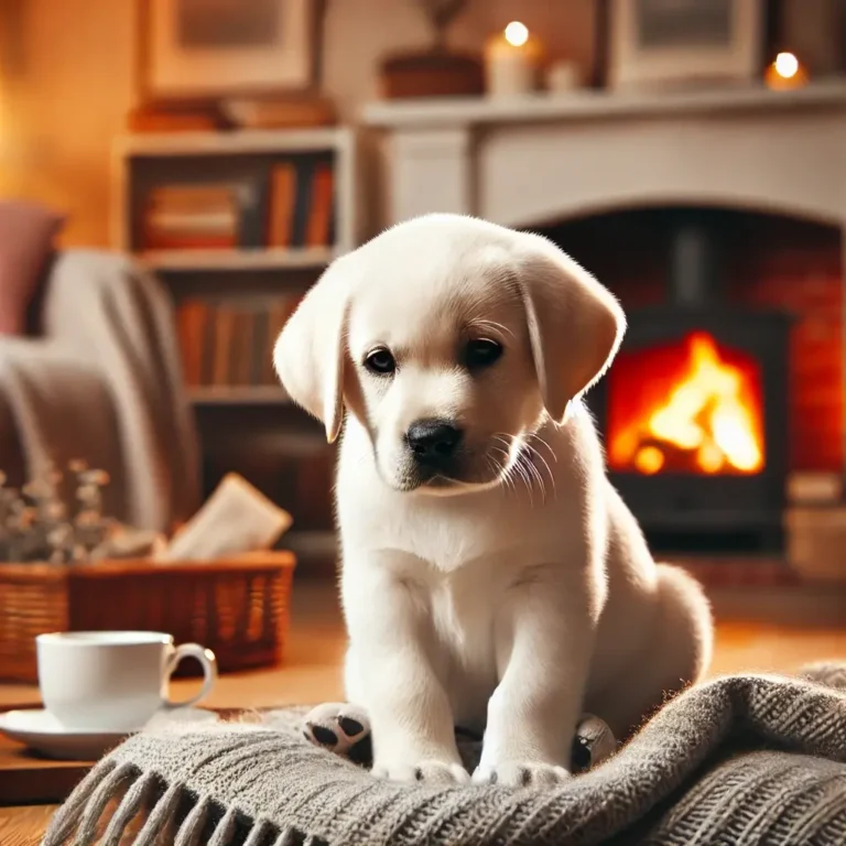 A white English Labrador puppy sitting on a cozy blanket in a warm living room. The puppy has a sleepy expression, its soft fur illuminated by the gen