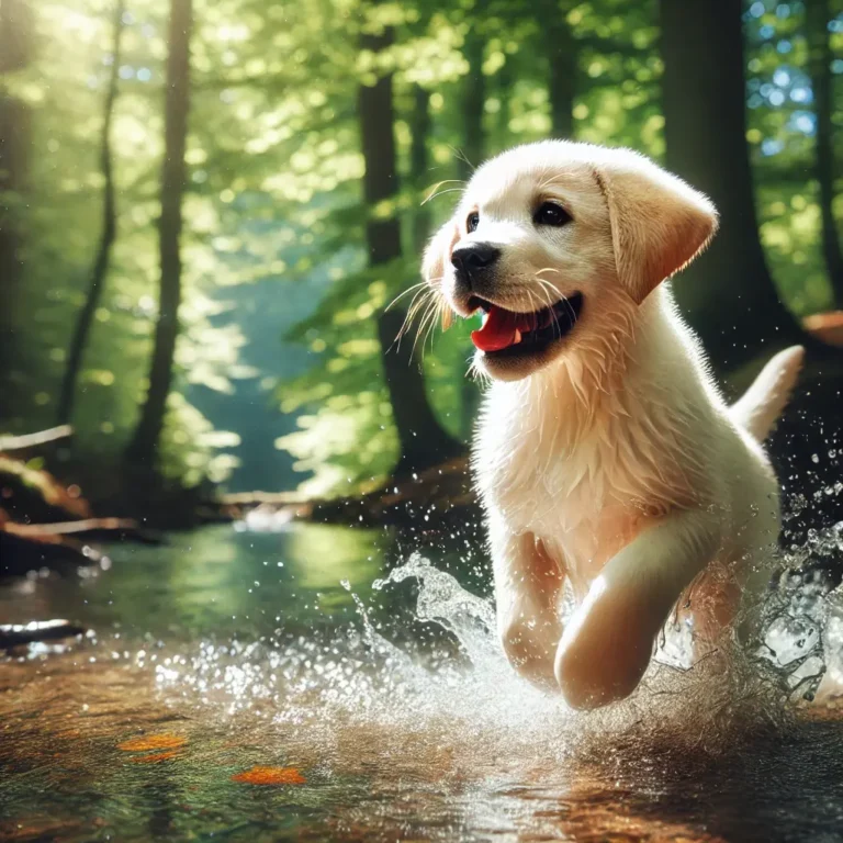 A white Labrador Retriever puppy splashing in a shallow creek on a sunny day. The puppy's fur is slightly damp as it joyfully plays in the cool water