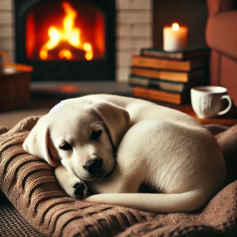 A white Labrador puppy curled up on a cozy blanket indoors, looking sleepy and comfortable. A warm fireplace flickers in the background