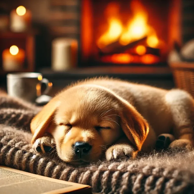 A golden Labrador puppy sleeping on a fluffy blanket indoors. The soft golden fur is illuminated by the warm glow of a fireplace in the background.
