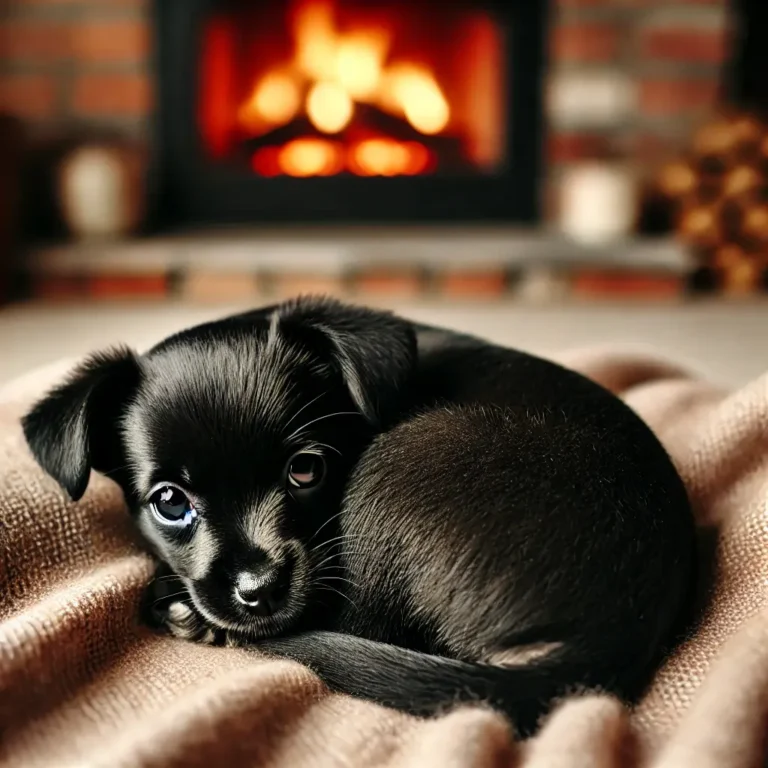 A black Labrador Chihuahua mix puppy curled up on a cozy blanket indoors, looking sleepy and comfortable. Its small size and glossy black fur contrast