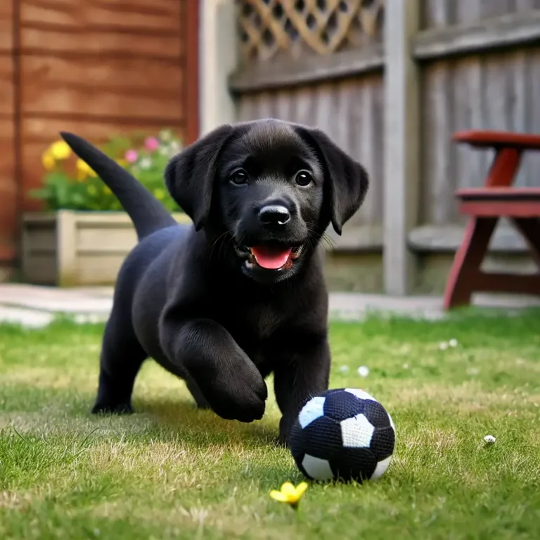 A black English Labrador puppy playing with a ball in a backyard. The puppy has a sleek, shiny black coat and an excited expression